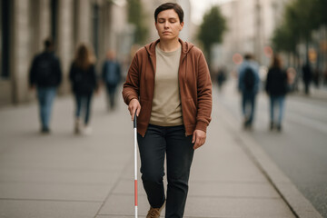 Blind woman walking on city street using white cane
