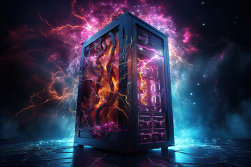 Captivating representation of a supercomputer illuminated with electric lighting effects