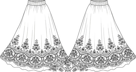 Floral embroidered skirt sketch, ornamental motif design, flared silhouette, wide waistband, symmetrical artwork, front back views, fashion illustration drawing