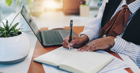 Writing, laptop and hands of business person for planning, progress report and schedule manager....