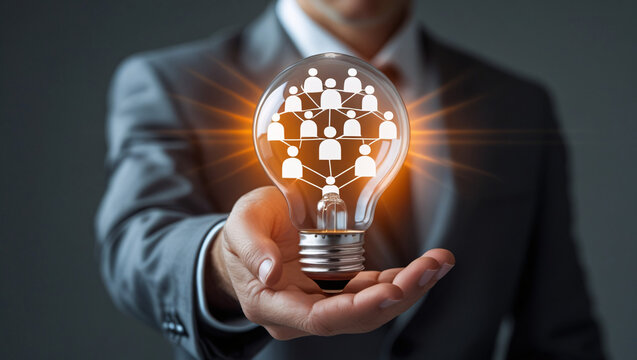 A hand in a suit holds a glowing light bulb with a network of people symbols, representing collaborative ideas or teamwork.