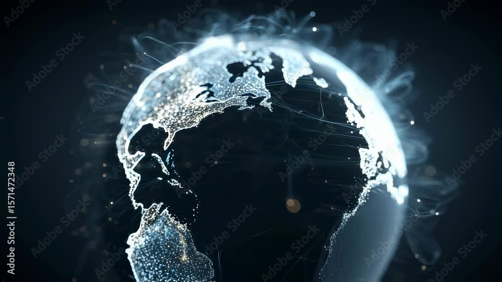 Poster a futuristic visualization of a globe with illuminated data points and network lines symbolizing the