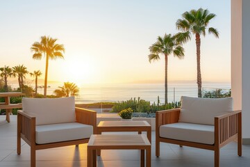 Fototapeta premium A serene patio with wooden furniture overlooks a calm ocean view at sunset, framed by tall palm trees and a clear sky.
