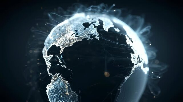 A futuristic visualization of a globe with illuminated data points and network lines symbolizing the flow of information in geopolitics and finance. Perfect for concepts related to - Powered by Adobe
