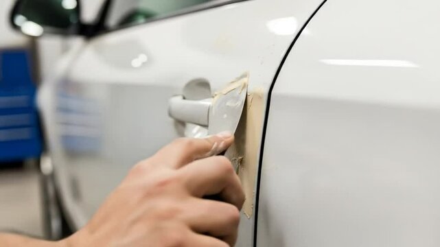 Step by step demonstration of car door dent repair using filler and putty knife technique
