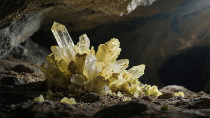 A cluster of translucent yellow crystals growing amidst rocky terrain inside a dimly lit cave.