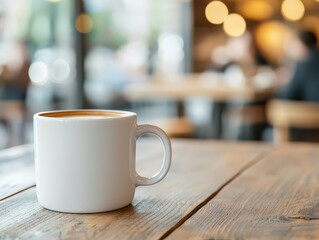 Fototapeta premium A white ceramic cup filled with coffee sits on a wooden table, with a softly blurred cafe background featuring warm bokeh lights.