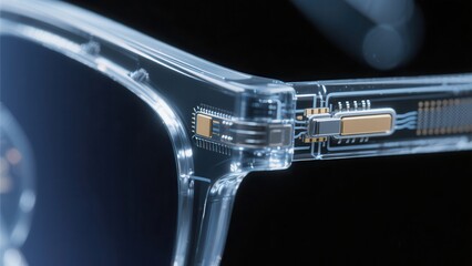 Close-up of transparent smart glasses showcasing intricate electronic circuits embedded in the frame.