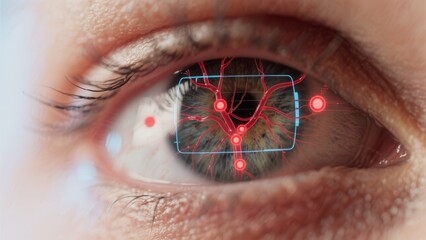 Close-up of a human eye with digital overlays highlighting blood vessels and neural networks, symbolizing biometric technology or medical imaging.