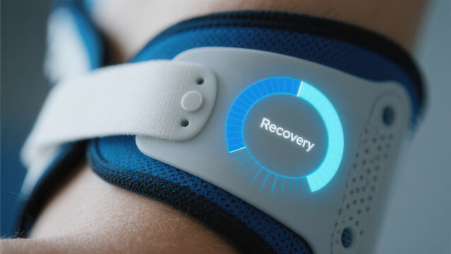 Close-up of a wearable recovery device with a digital display showing recovery progress on a person's arm.
