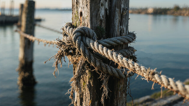 Weathered rope tightly tied around an old wooden post by calm waterfront with blurred background of water and distant shoreline.