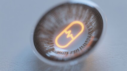 A glowing orange neon pill icon is reflected in a transparent spherical surface against a blurred, soft blue background.