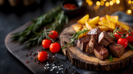 Creative food template. Juicy wagyu beef cubes with potato wedges, cherry tomatoes, sprigs of fresh rosemary on rustic wooden board with bokeh light background. copy text space