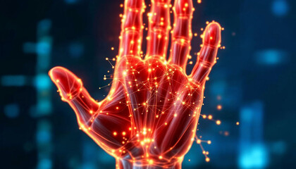 A glowing digital hand with interconnected nodes and lines, symbolizing technology, connectivity, and data networks.