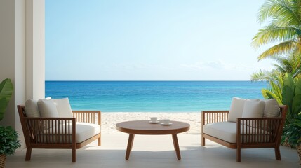 Cozy outdoor seating on a terrace overlooking a serene beach and turquoise ocean under a clear sky.
