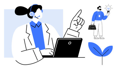 Woman using laptop headset pointing upward, man with briefcase holding lightbulb symbolizing ideas, leaf as growth metaphor. Ideal for teamwork, innovation, customer support, business strategy