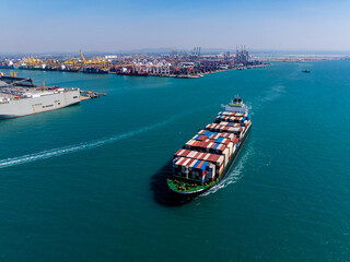 shipping cargo logistic, container ship carrying in sea import export goods and distributing...