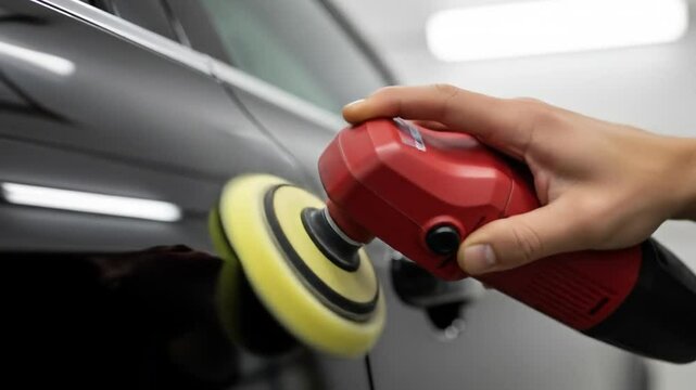 Detailed close up of professional car polishing using buffer machine on glossy surface in workshop