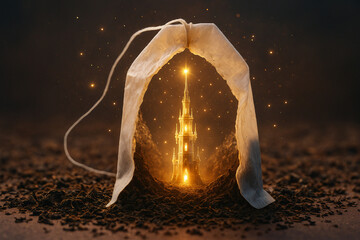 Fantasy Miniature Crystal Tower in a Teabag Cave