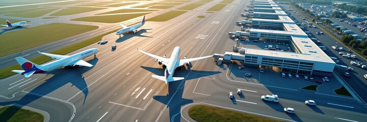 Aerial panoramic top view of airport landscape  under sky