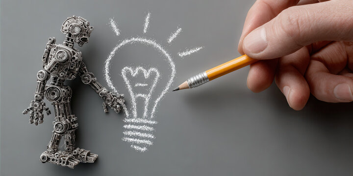 Robot with mechanical parts and human hand drawing light bulb symbol with pencil on gray background, creative idea concept