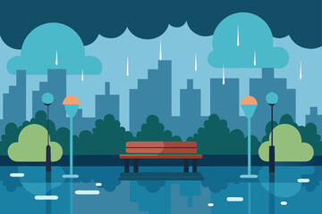 Obraz premium Rainy Day City Park Scene With Puddles Reflecting