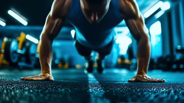 Muscular man doing pushups in gym