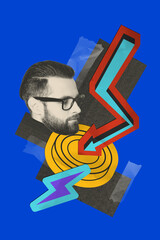 3D collage trend artwork composite sketch poster of analyzing stats graphics business goal man head...