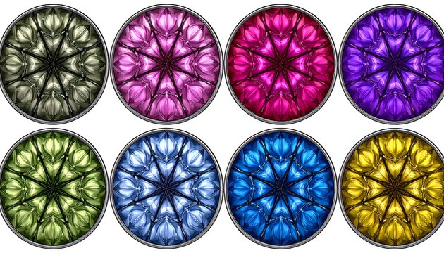 Circular, symmetrical, decorative patterns in vibrant colors