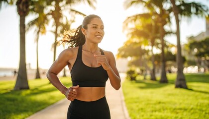 Woman jogging in the morning park &ndash; refreshing and healthy morning scene/ 朝の公園をランニングする女性 &ndash; 清々しく健康的な朝の風景