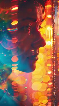 Woman Profile with Colorful Bokeh Lights Creating Dreamy Atmosphere in Vibrant Surroundings
