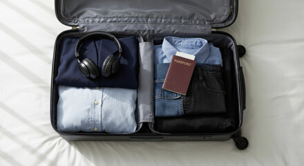 Open suitcase with neatly packed travel essentials including clothes, passport, and headphones, on bed, preparing for trip, travel, holiday, vacation, packing, adventure, journey, holiday trip