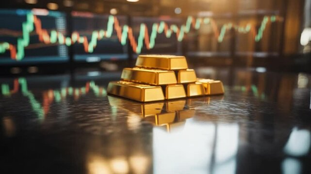 Shiny gold bars glisten against a financial chart backdrop for investment success
