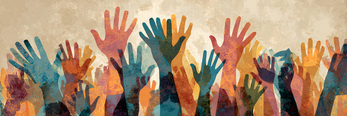The Universal Declaration of Human Rights with raised hands in support of rights and justice, United Nations Day