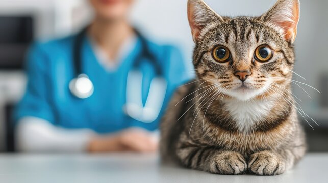 European shorthair cat lying on examination table while veterinarian conducts a check up, promoting pet healthcare and veterinary services
