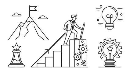 Business success journey with mountain peak flag and light bulb vector