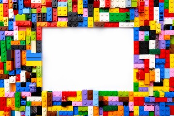 Close-up of a cluttered pile of colorful bricks viewed from above with place for content or text in the middle.
