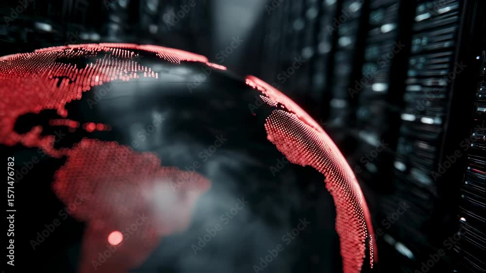 Poster futuristic server facility showcasing a dynamic world map with animated red data flows symbolizing c