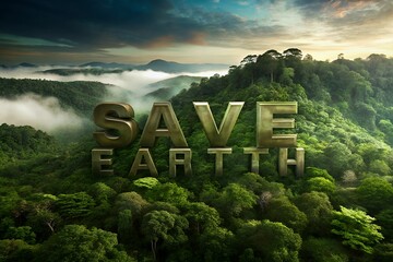 Golden save earth text prominently displayed over lush green mountainous forest landscape with foggy valleys and dramatic sky