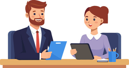 Smiling business man and woman collaborating at a desk with tablet and clipboard vector illustraton