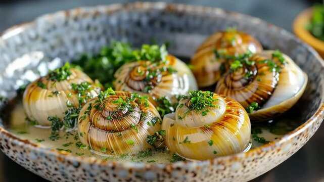 A gourmet French dish of escargot in garlic sauce with fresh parsley.