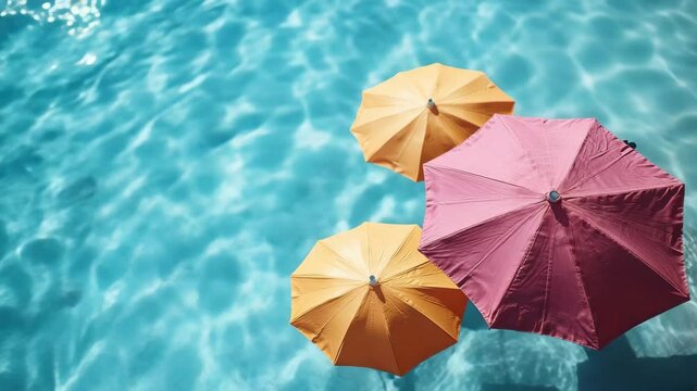 Sunshade umbrellas floating on clear blue water with rippling reflections