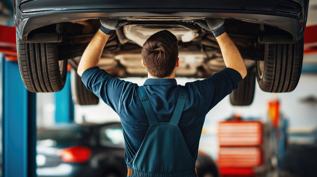 Automotive mechanic inspecting underside of car on hydraulic lift in auto repair shop, professional technician, maintenance, repair, garage, service, vehicle diagnostics, engine check, mechanic work