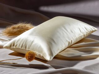 Elegant satin pillow with dried pampas grass on silky bedsheet, luxurious bedroom decor, soft lighting, bedroom accessory, comfort, bedtime, cozy, rest, relaxation