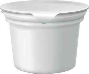 Realistic yogurt, sour cream products package, vector 3D mock up of white round plastic container with close foil lid