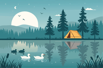 Minimalist vector scene serene lake camping, A-frame tent reflection, calm water, quiet nature.