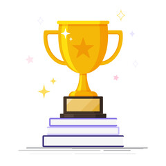 Golden trophy cup on a pile of books. Winner award. Victory symbol. Winner concept. Flat vector illustration. Winning learning or competition concept.