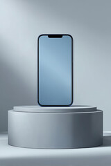 Modern smartphone on sleek cylindrical pedestal with blurred minimal background, high tech, gadget, mobile device, sleek design, digital, touchscreen, portable, innovation, communication