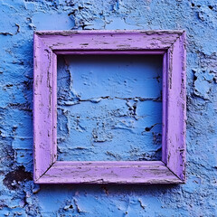 Naklejka premium A lavender-colored wooden picture frame against a blue textured wall.