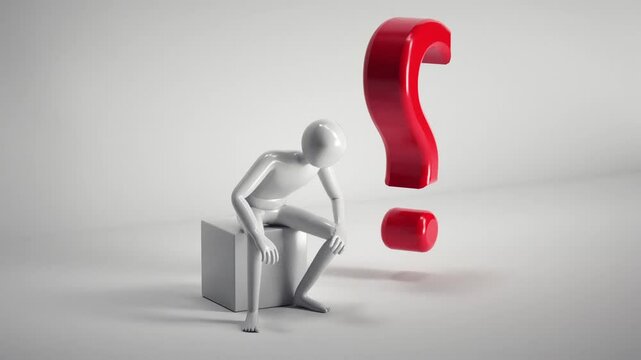 Reflective Figure on Cube Contemplating Red Question Mark Minimalist Design Symbolizing Uncertainty, Curiosity, and Pondering Questions in Thoughtful Inquiry Context
